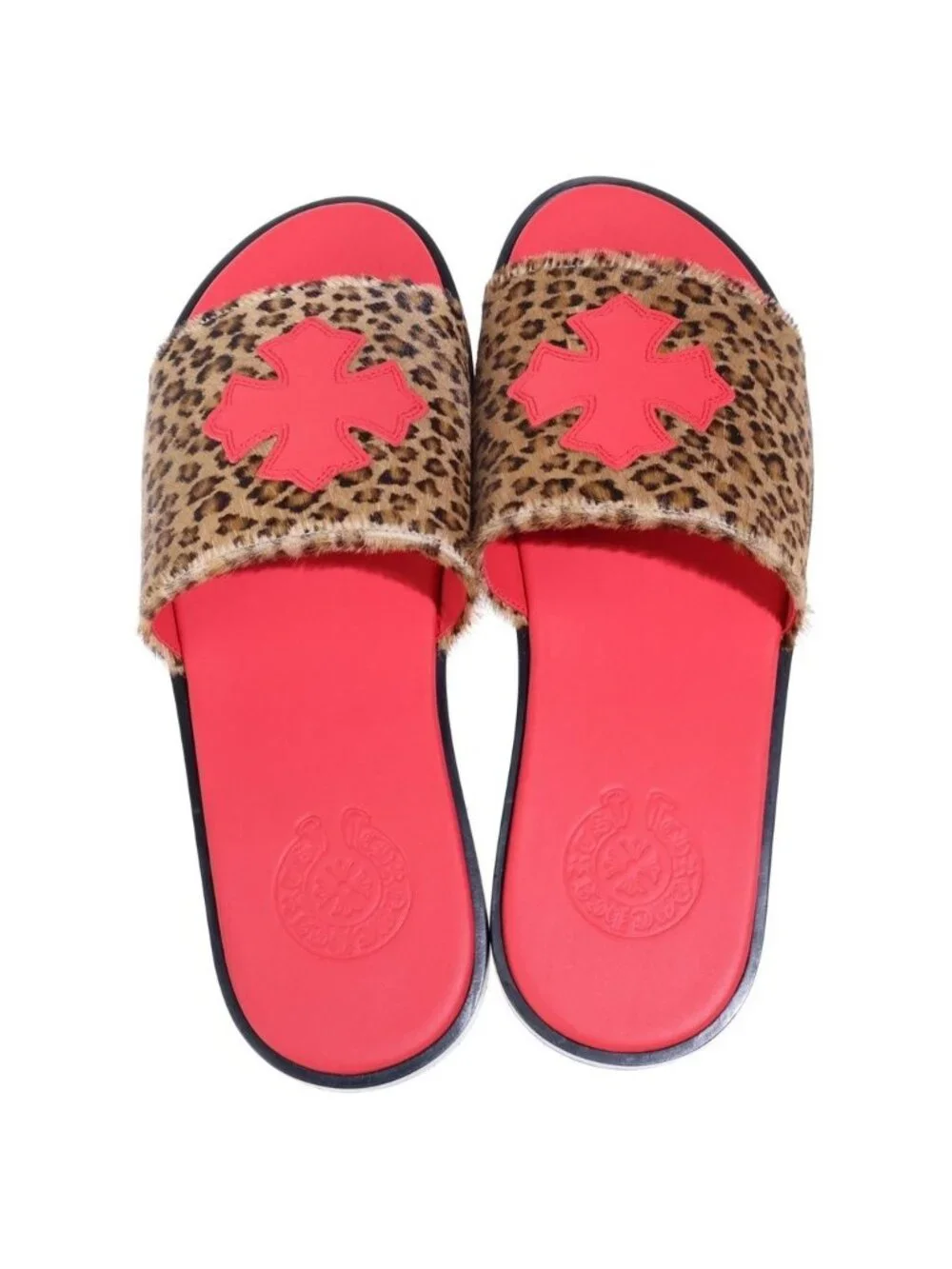 Chrome Hearts CH Slide CH Calf Hair Sandals Red with Plus Patch